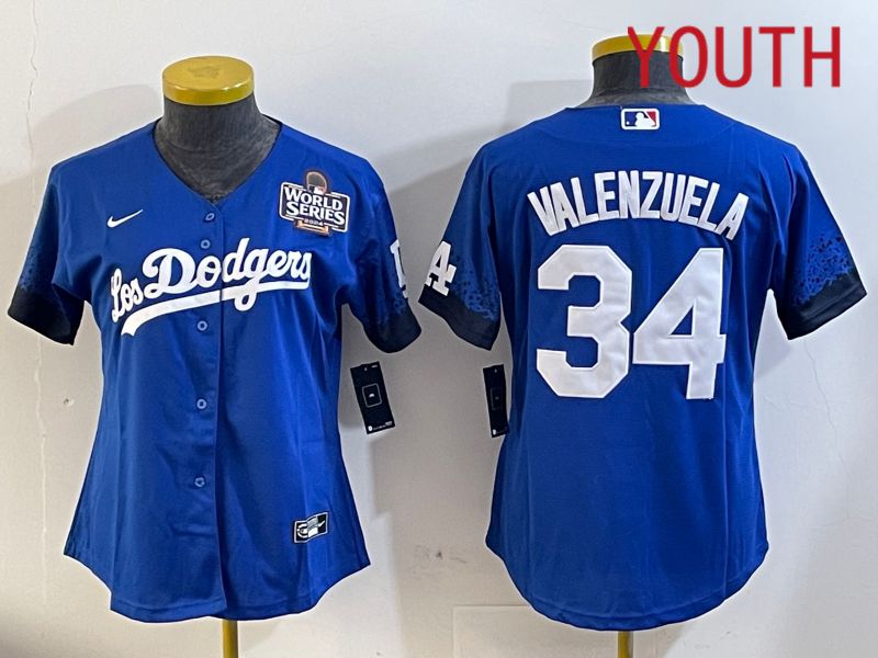 Youth  Los Angeles Dodgers #34 Valenzuela 2024 World series patch blue jersey 2024112004->youth mlb jersey->Youth Jersey